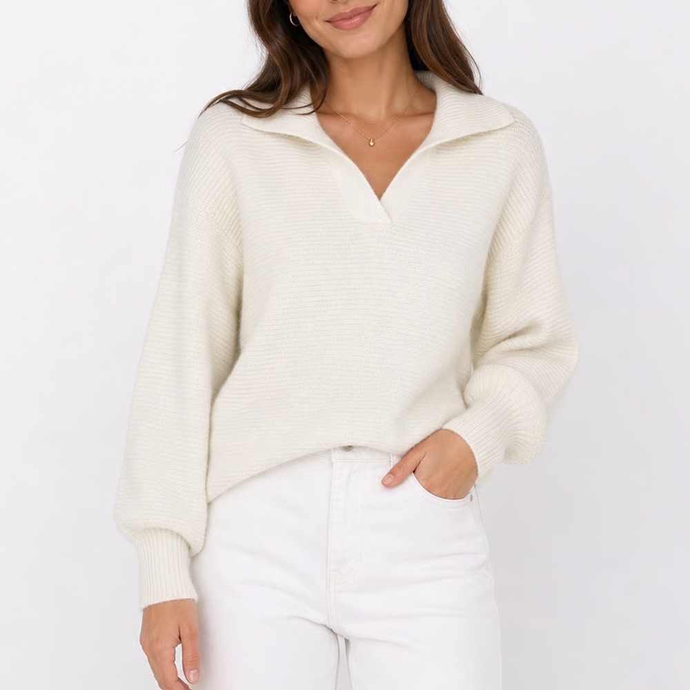 ZESICA Womens Off White Ribbed Knit Collared V-Neck Pullover Sweater Size L - Picture 1 of 6